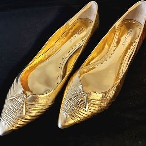 NWT!  BCBGIRLS Pointed Gold Metallic Flats in ORIGINAL BOX